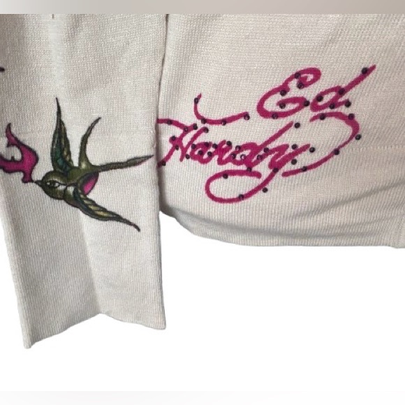 NWT Vintage ED HARDY Hoodie Sweater Cream Birds Enbroidered Designer Cardigan - Picture 5 of 15